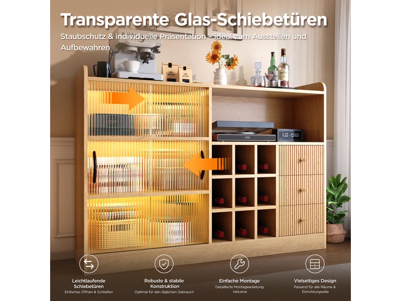  Buffet bas 120x30x85 cm, meuble bar avec porte-bouteilles, led connectée, portes vitrées coulissantes et 3 tiroirs, panneaux de particules, naturel OMNIGLINT TRADING LTD - Conforama E