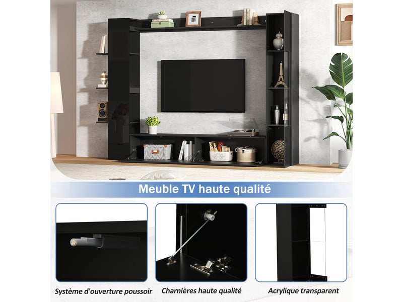  Meuble tv mural avec 2 portes abattantes et 4 étagères pour salon en mdf 245×30×170 cm noir  - Conforama C