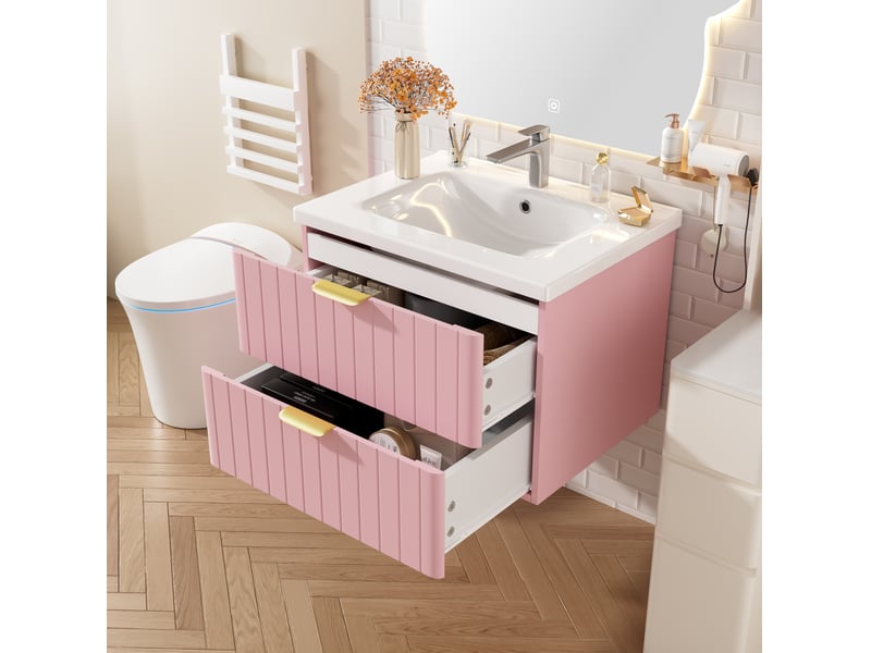  Meuble lavabo suspendu 60.5x47.5x47 cm, double rangement résistant à l'humidité, mdf, vasque céramique, rose et blanc  - Conforama E