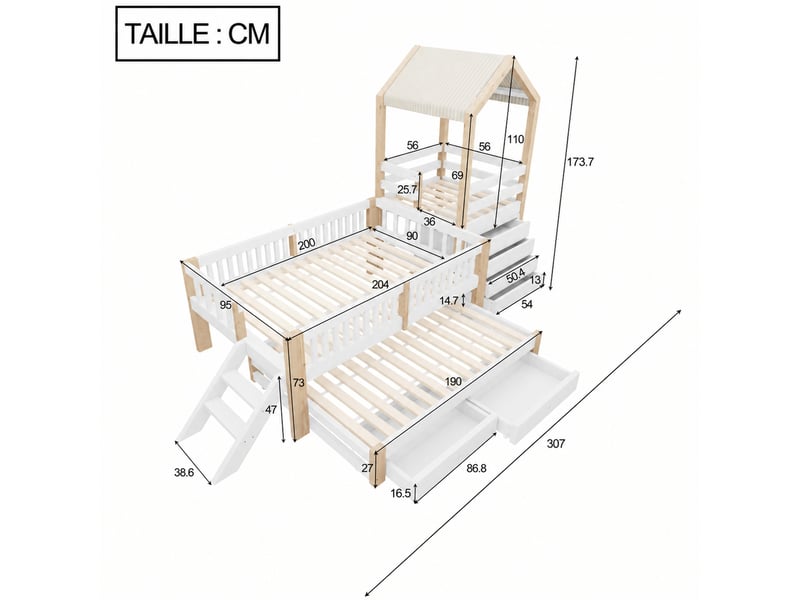  Lit cabane enfant 2 places avec lit gigogne, escalier, tiroirs et toit en tissu, 90x200 et 90x190 cm, sans matelas  - Conforama D