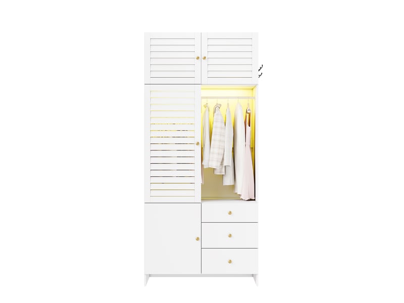  Armoire chambre 90x50x200 cm, avec panier à linge intégré et tringle led, avec 3 tiroirs, en panneaux de particules style persienne, blanc  - Conforama A