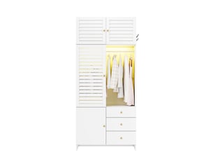 Armoire chambre 90x50x200 cm, avec panier à linge intégré et tringle led, avec 3 tiroirs, en panneaux de particules style persienne, blanc
