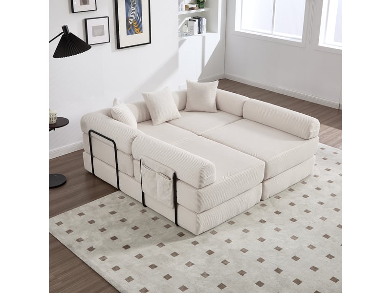  Canapé modulable beige velours côtelé, canapé familial avec rangement, convertible lit d'appoint  - Conforama R