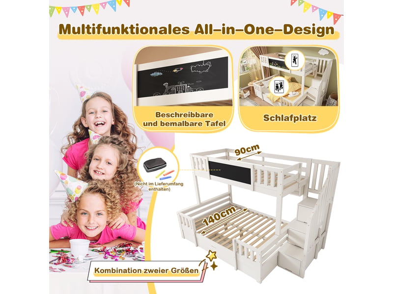 Lit superposé pour 3 enfants 90x200 et 140x200 en bois massif blanc avec tableau à craie et escalier de rangement  - Conforama D