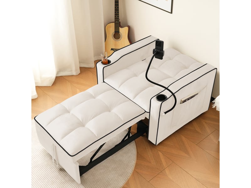  Canapé-lit convertible 1 place 83x167x76 cm, support téléphone et porte-gobelets, fonction 3 en 1, revêtement velours beige  - Conforama E