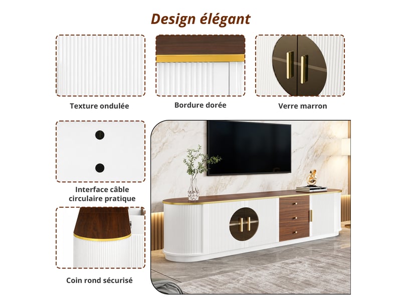  Meuble tv blanc style luxe- avec 3 tiroirs &amp; 3 portes- en mdf- poignées aluminium– gestion des câbles- 180x40x46cm  - Conforama C