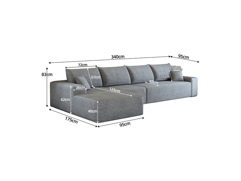 Canapé d'angle modulable 4 places en velours côtelé gris, 340 x 175 x 83 cm, méridienne gauche, sans montage, livré compressé, assise profonde CARDUME ESTIVAL - Conforama C
