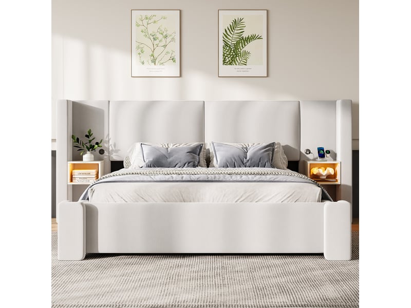  Lit coffre 140 × 200 cm 2 places avec led réglable, rangement hydraulique et tables de chevet, sans matelas, beige  - Conforama C