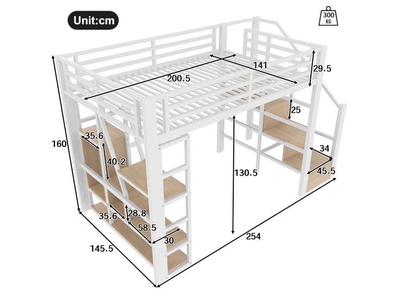  Lit mezzanine enfant 140 x 200 cm blanc avec rangement, escalier et ruban led  - Conforama E