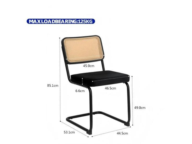  4 chaises salle à manger en velours et rotin - pieds chromés, style breuer mid-century, rembourrées, salon-cuisine  - Conforama C