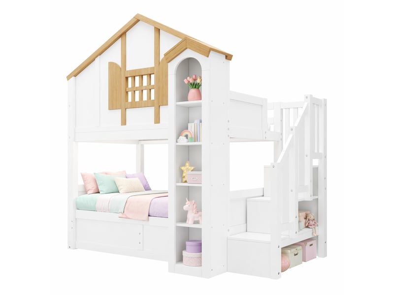  Lit superposé modenvie enfant 2 couchages 90 x 200 cm avec rangement led blanc et bois naturel  - Conforama A