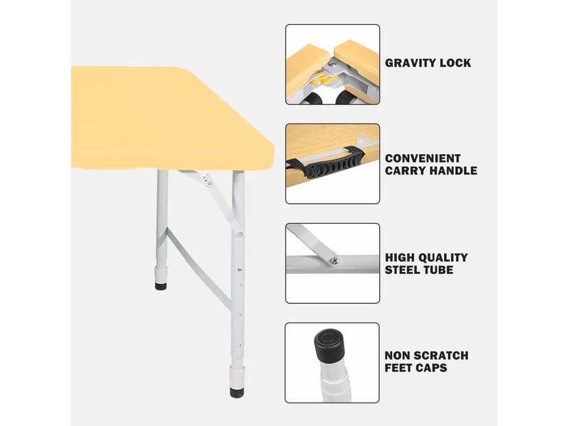  Table de jardin pliante réglable avec poignée et pieds en acier pour pique-nique, repas et réception en intérieur, jaune  - Conforama E