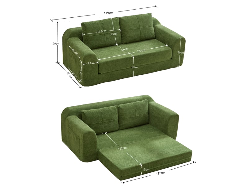  Canapé droit convertible 2 places en velours vert armée, sans montage, idéal pour petits espaces contemporains  - Conforama C
