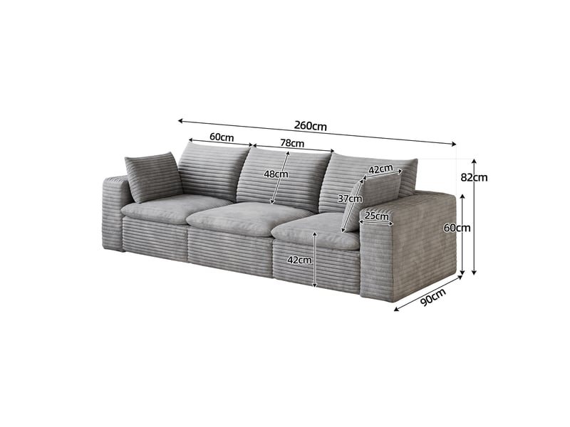  Canapé modulable 3 places 260 cm en velours côtelé gris, assise en mousse, housses amovibles, sans montage  - Conforama C