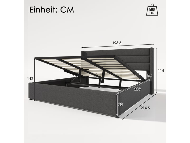Lit coffre hydraulique 180x200 cm en lin avec rangement, lit double capitonné avec tête de lit rembourrée, sommier à lattes relevable, gris - Conforama C