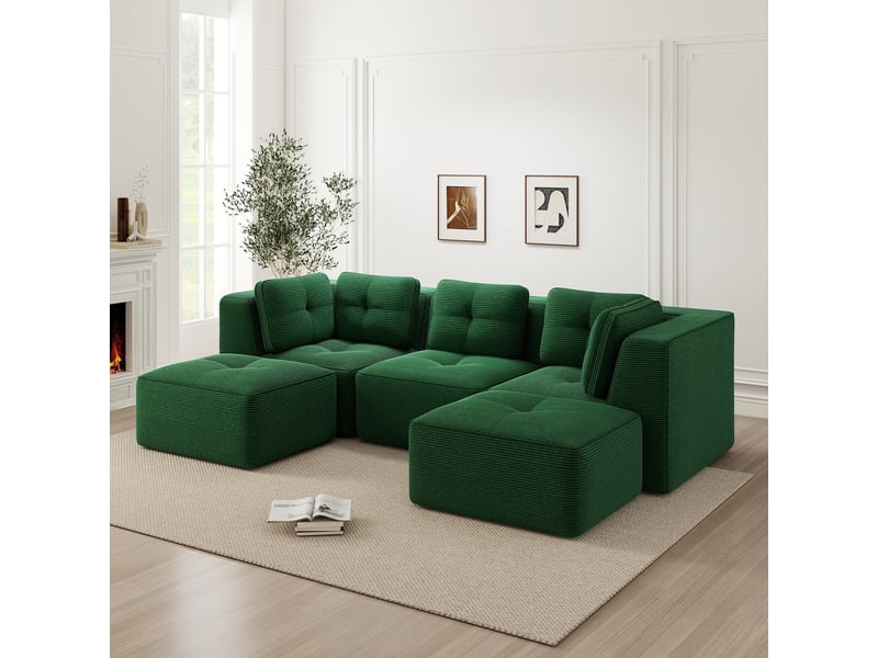 Canapé d'angle modulable en corduroy sans cadre avec assise profonde et dossier souple, vert - Conforama D