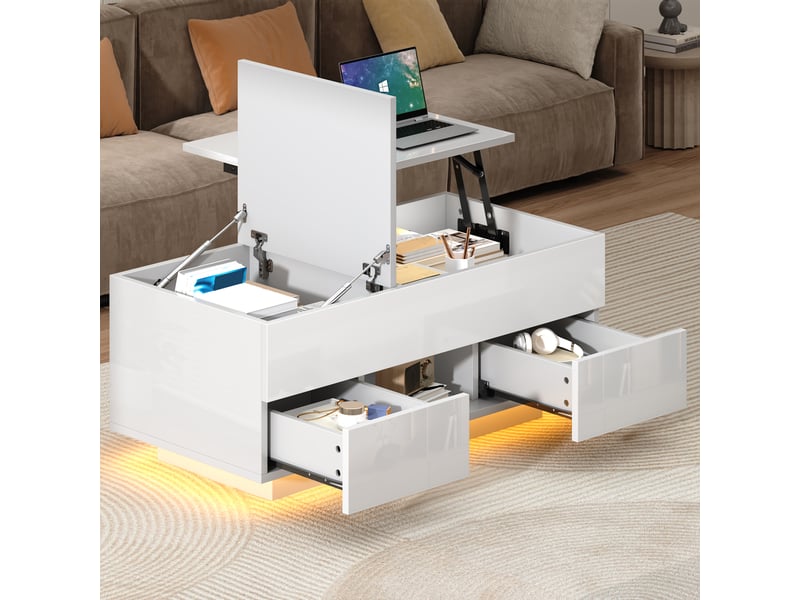  Table basse de salon, avec rangement, 100 x 45 x 43 cm, avec tiroir, en panneaux de particules, coloris blanc, pour salon  - Conforama D