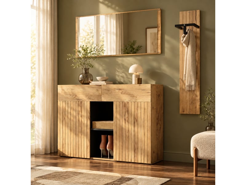 Meuble d’entrée avec miroir et penderie - lpospi - 2 portes, 2 tiroirs, mdf noir et naturel 125 × 35 × 178 cm - Conforama B