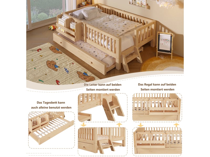  Lit gigogne enfant 90×200 cm avec barrière et couchage d’appoint - sans matelas, bois massif et mdf - bois  - Conforama E