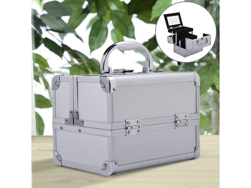  Trousse de maquillage professionnelle portable, 3 compartiments, miroir, 2 clés, pour bijoux manucure voyage, 20 x 15 x 15 cm, argent  - Conforama C