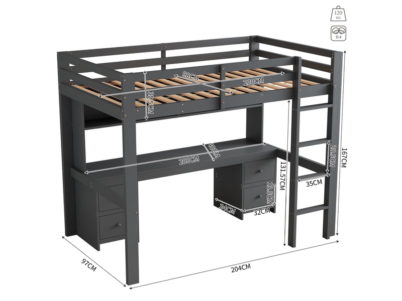  Lit mezzanine enfant 90 x 200 cm gris avec bureau et rangements  - Conforama E