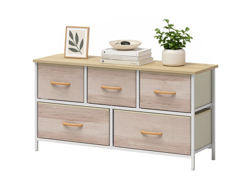  Commode 5 tiroirs en tissu structure métal coloris naturel et blanc 100 x 30 x 51,5 cm  - Conforama B