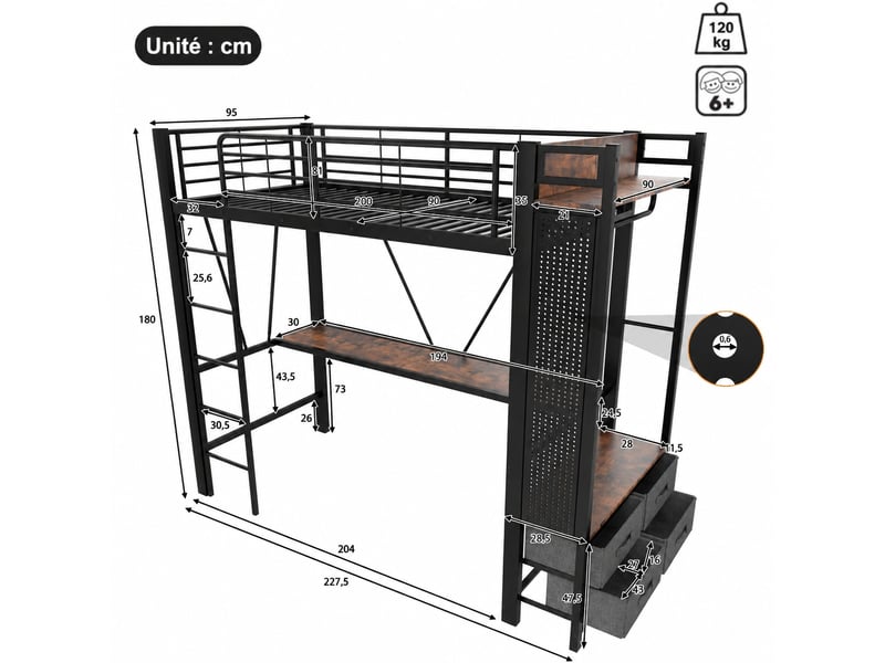  Lit mezzanine avec bureau, couchage 90 x 200 cm, structure en métal et mdf, rangements et led multicolore  - Conforama C