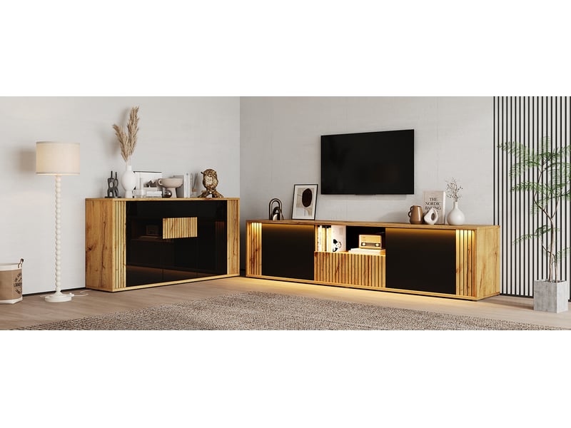  Ensemble meuble tv et buffet 180x40x51 cm et 140x35x71 cm led mdf noir et bois naturel  - Conforama C