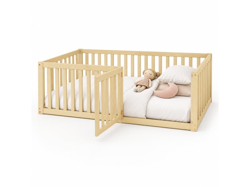  Lit enfant au sol 90x200 cm avec barrière et porte, coloris naturel  - Conforama A