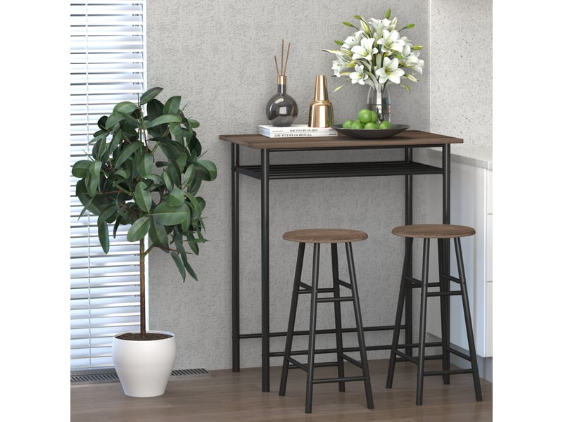  Table haute avec 2 tabourets pour cuisine, salon, bar, structure en acier avec repose-pieds et étagère  - Conforama D