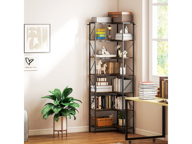 Bibliothèque d'angle industrielle à 7 niveaux, bois et acier, 60 x 60 x 198 cm, marron rustique  - Conforama C