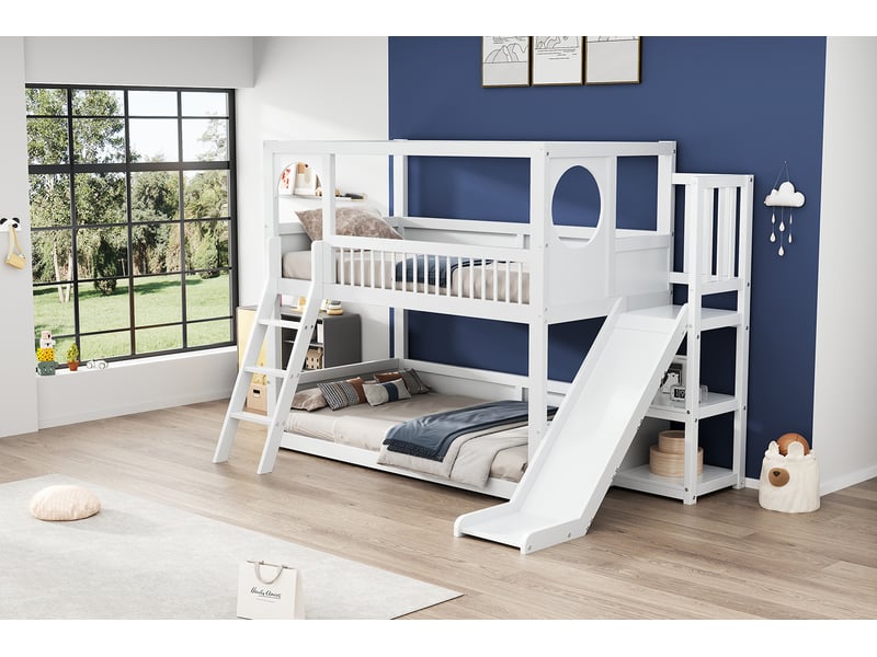 Lit superposé enfant 90x200 cm avec étagères et toboggan, pin et mdf blanc chicfurn  - Conforama E