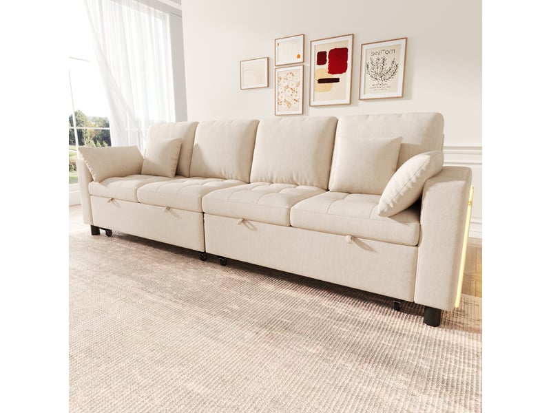  Canapé d’angle convertible 4 places en l, led, usbtype-c, dossier réglable 3 positions, chenille, beige Bliss Lite - Conforama E