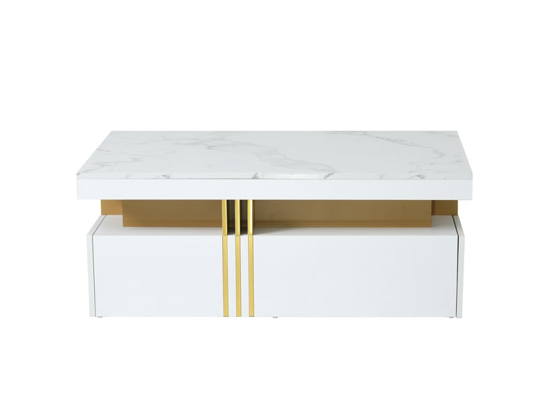  Table basse rectangulaire moderne avec plateau laqué brillant, 2 tiroirs en bois, plateau effet marbre, pour salon, 100 x 50 x 40 cm  - Conforama D