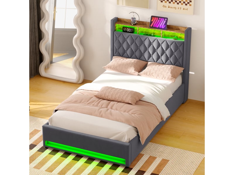 Lit double 140x200 cm en velours gris foncé avec tête de lit rembourrée homvra - Conforama C