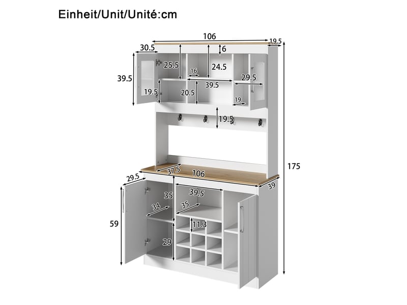  Buffet de cuisine 106x39x175 cm, portes en verre, casier à bouteilles, pour cuisine, salon, aggloméré, blanc et naturel  - Conforama C
