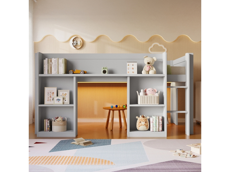  Lit mezzanine bas 90x200cm pour enfant, bibliothèque intégrée, étagères ouvertes, led multicolore, plateau de rangement et finition grise pour  - Conforama C