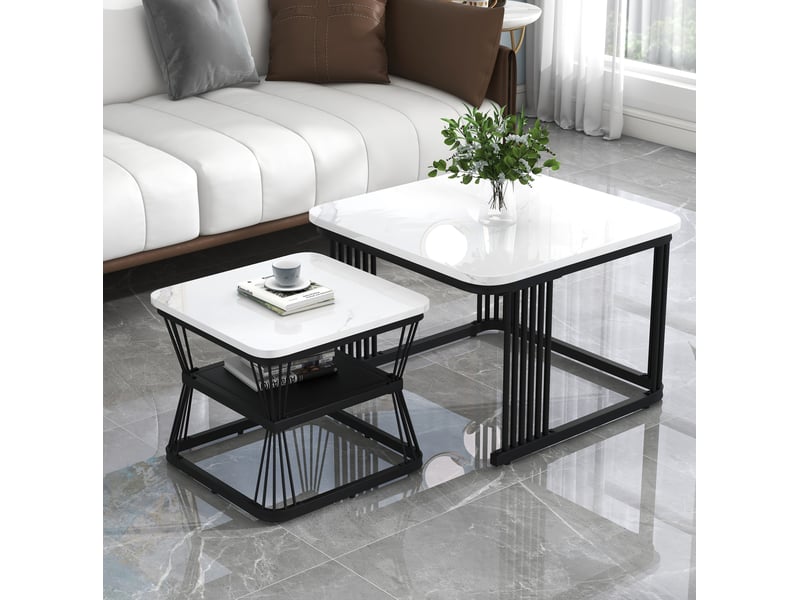  Set de 2 tables basses gigognes mdf effet marbre blanc et acier noir  - Conforama D