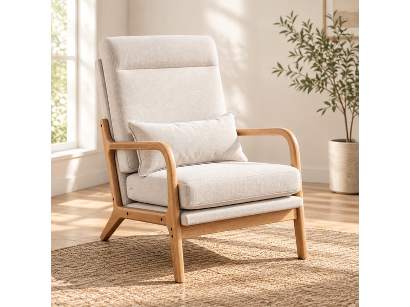  Fauteuil de salon avec large assise, dossier haut et coussin lombaire, en tissu aspect lin crème, 64 × 86 × 93 cm  - Conforama C