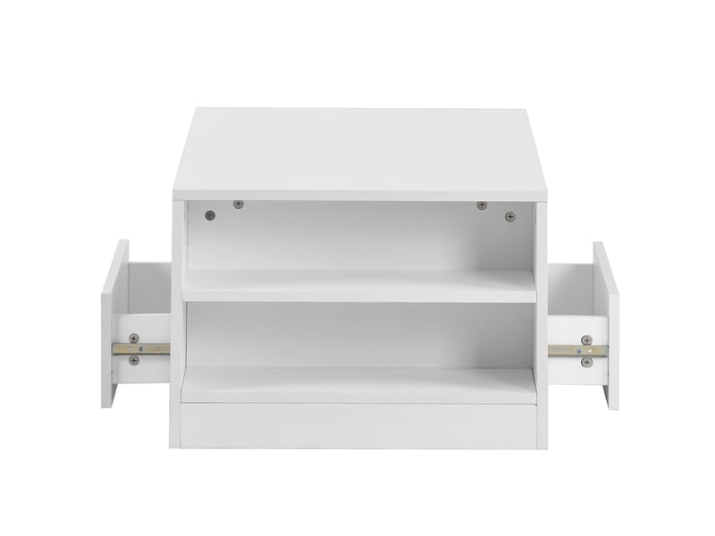 Table basse led avec 2 tiroirs et 2 étagères, table salon 95x53x37 cm en bois, blanc  - Conforama D
