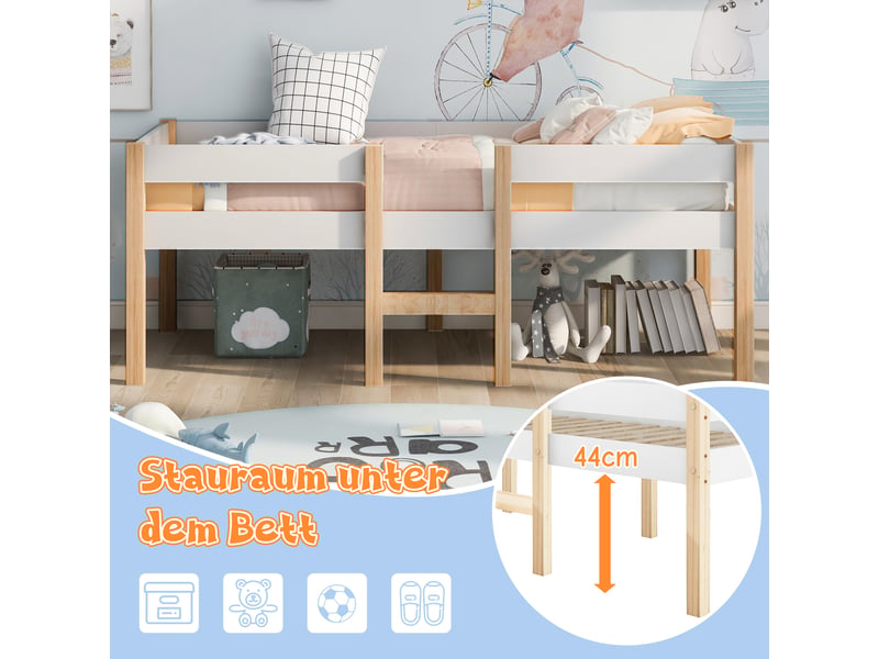  Lit enfant 90x200 cm avec protection antichute, lit simple en pin de haute qualité et offre pin massif, lit mi-hauteur, blanc  - Conforama W