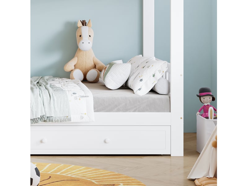 Lit superposé enfant 90x200 cm – blanc et naturel – échelle 4 marches et barrières 4 côtés – sans matelas - Conforama E