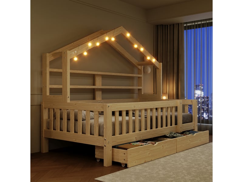 Lit cabane 90x200 cm avec led, 2 tiroirs de rangement et barrières de sécurité, lit enfant avec toit en forme de maison, pin et mdf, coloris naturel - Conforama B