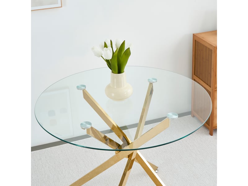  Table de salle à manger 2 à 4 personnes en verre avec piètement métal et patins réglables doré  - Conforama D
