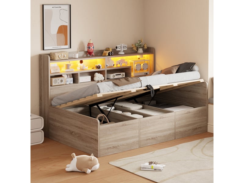 Canapé-lit avec rangement 90 x 200 cm – avec étagères – avec compartiments de rangement – avec éclairage led – naturel (matelas non inclus) - Conforama D