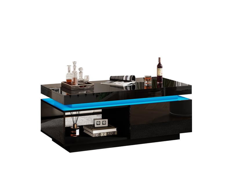  Table basse moderne laquée brillante avec éclairage led, 100 x 50 x 40,3 cm – table élégante avec tiroir et capacité de charge de 50 kg  - Conforama A