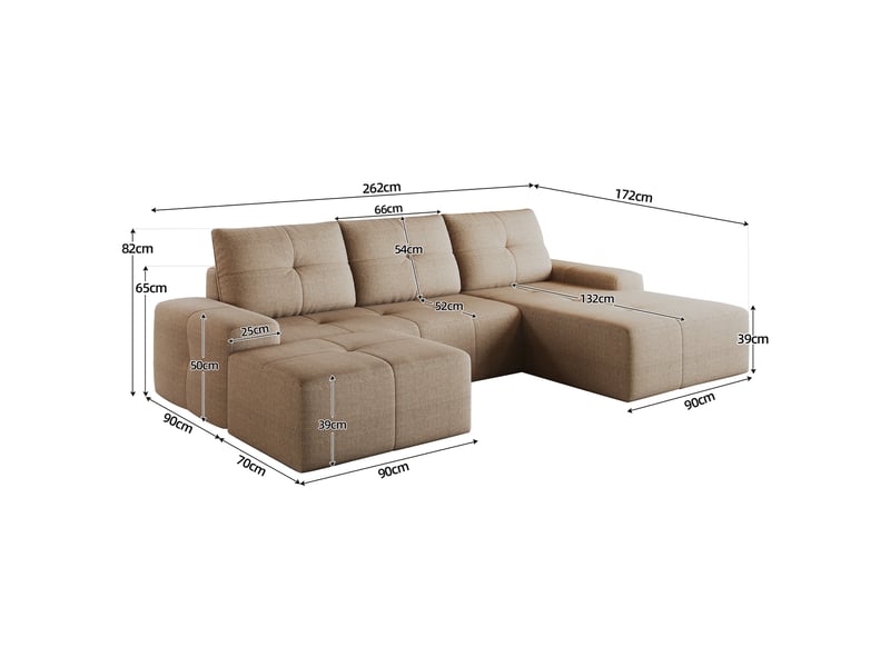  Canapé d’angle 3 places compressé 262x172x82cm, canapé en l, pouf inclus, mousse haute élasticité, tissu - kaki CozyNest - Conforama C