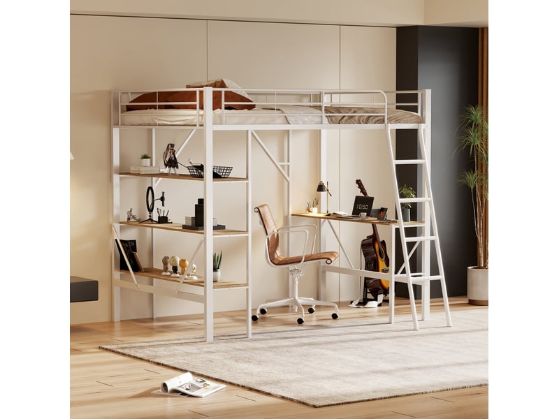 Lit mezzanine 90x200 cm avec bureau et trois tablettes, coloris blanc et naturel - Conforama B