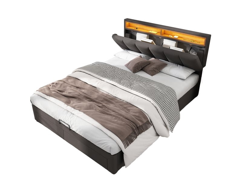 Lit coffre 140 x 190 cm avec led,lit adulte capitonné avec tête de lit rangement, sommier à lattes,hydraulique,gris lin - Conforama A