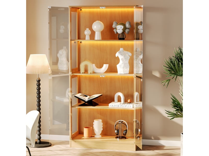 Vitrine led pour figurines, 80 x 35 x 170 cm, 4 portes, mdf et verre, finition bois naturel - Conforama B